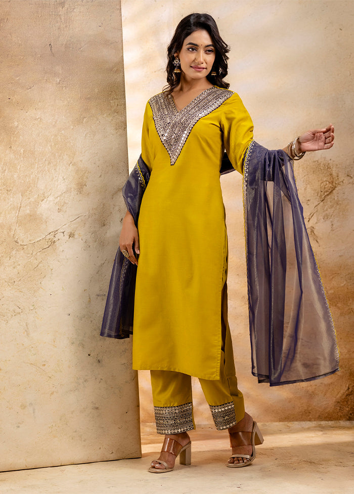 3 Pc Mustard Readymade Viscose Dupatta Suit Set