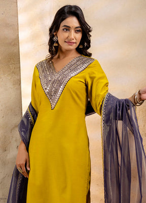 3 Pc Mustard Readymade Viscose Dupatta Suit Set