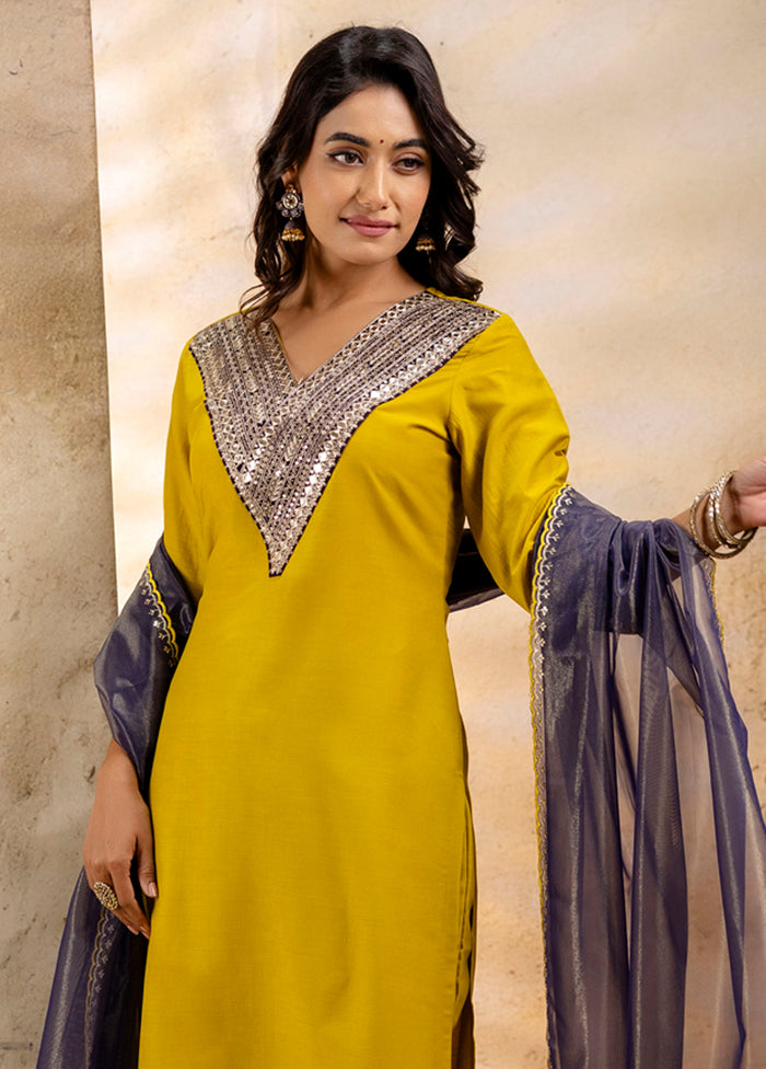 3 Pc Mustard Readymade Viscose Dupatta Suit Set