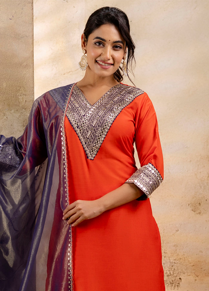 3 Pc Orange Readymade Viscose Dupatta Suit Set