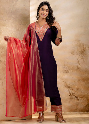 3 Pc Purple Readymade Viscose Dupatta Suit Set