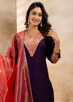 3 Pc Purple Readymade Viscose Dupatta Suit Set