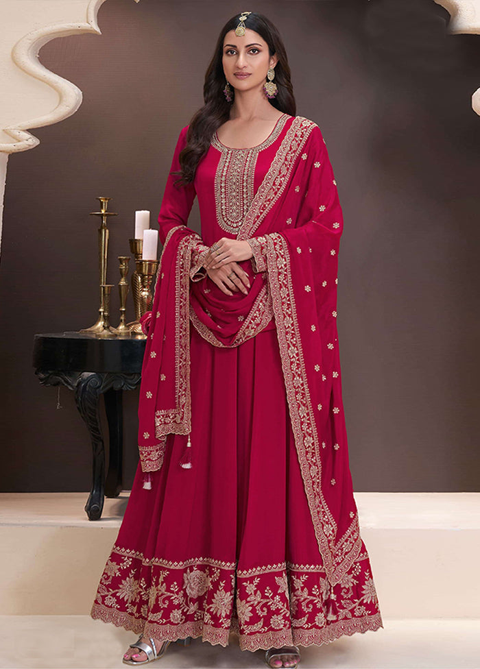 3 Pc Red Silk Anarkali Suit Set