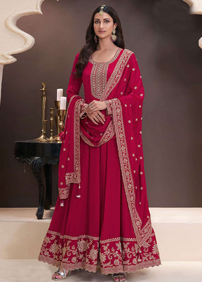 3 Pc Red Silk Anarkali Suit Set