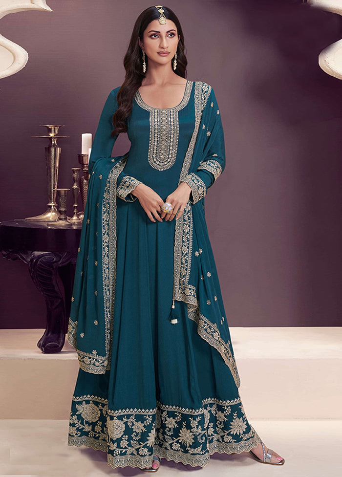3 Pc Blue Silk Anarkali Suit Set