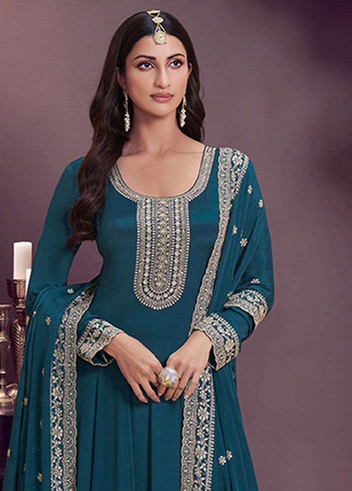 3 Pc Blue Silk Anarkali Suit Set