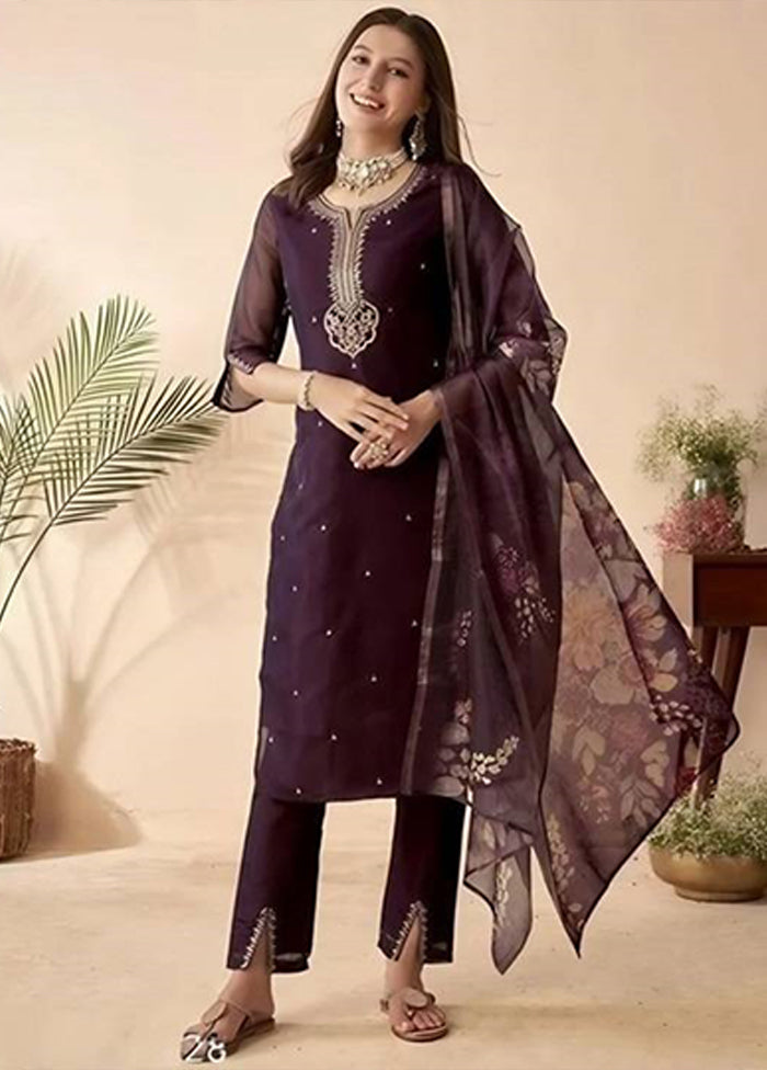 3 Pc Wine Silk Suit Set