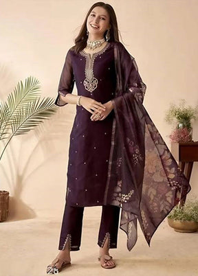3 Pc Wine Silk Suit Set