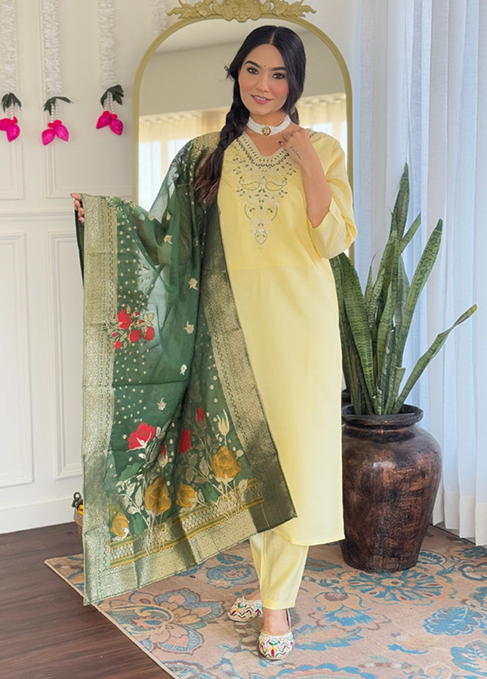 3 Pc Yellow Silk Suit Set