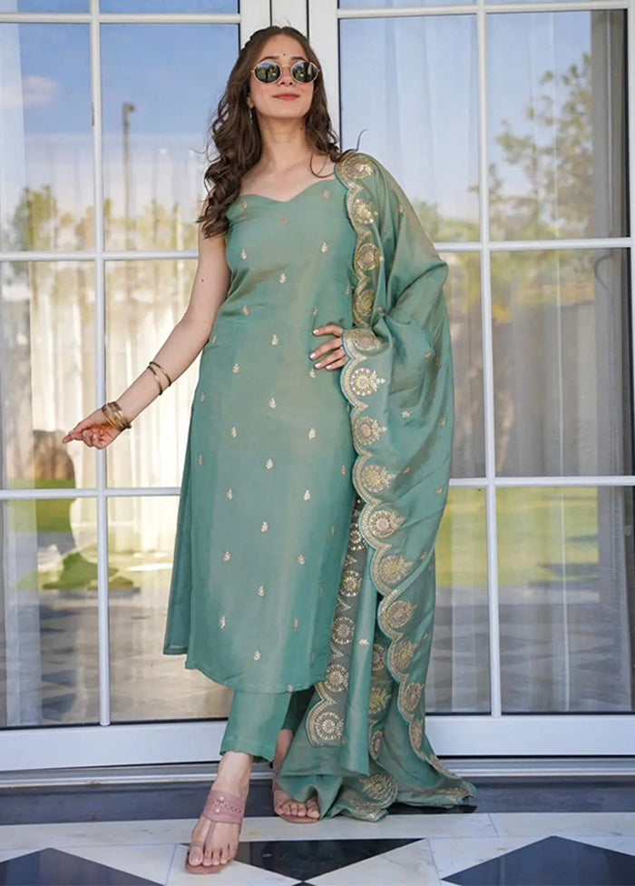 3 Pc Green Silk Suit Set