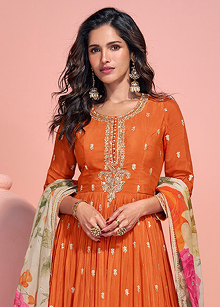 Orange Embroidery Work Silk Anarkali Suits