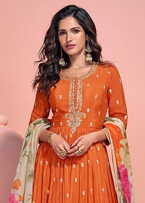 Orange Embroidery Work Silk Anarkali Suits
