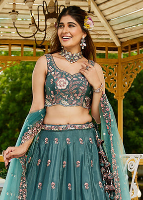 Green Blended Silk Lehenga Set