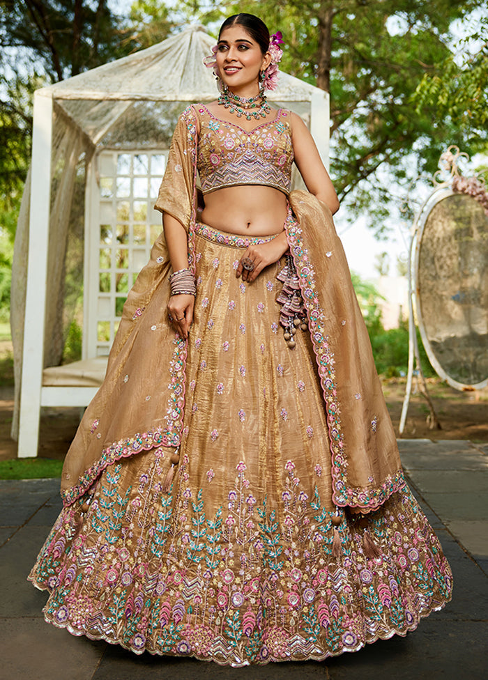 Brown Blended Silk Lehenga Set