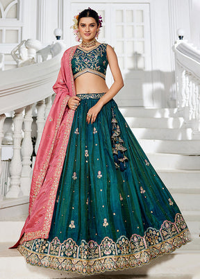 Green Blended Silk Lehenga Set