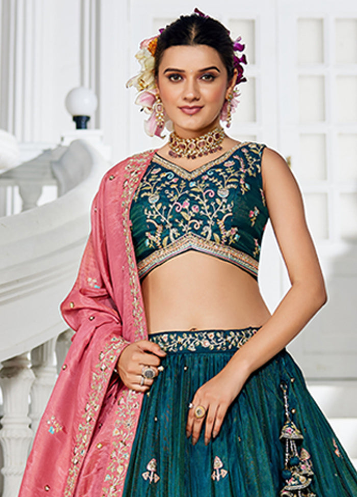 Green Blended Silk Lehenga Set