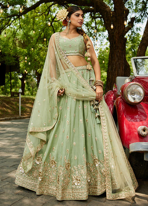 Green Blended Silk Lehenga Set