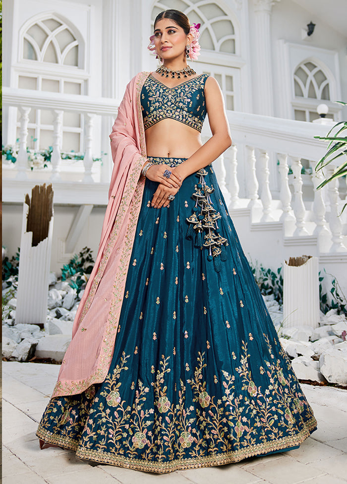 Blue Blended Silk Lehenga Set