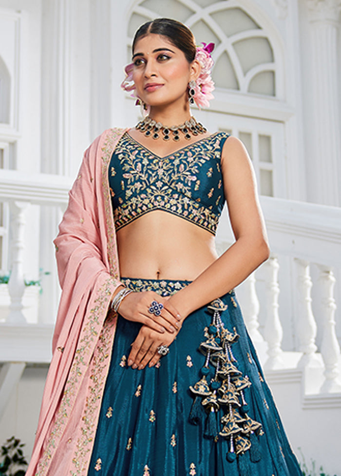 Blue Blended Silk Lehenga Set