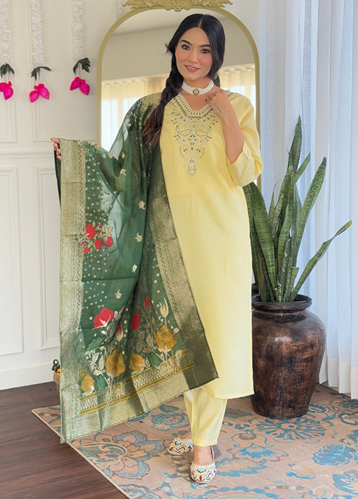 3 Pc Yellow Silk Suit Set