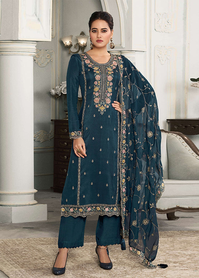 3 Pc Blue Silk Suit Set