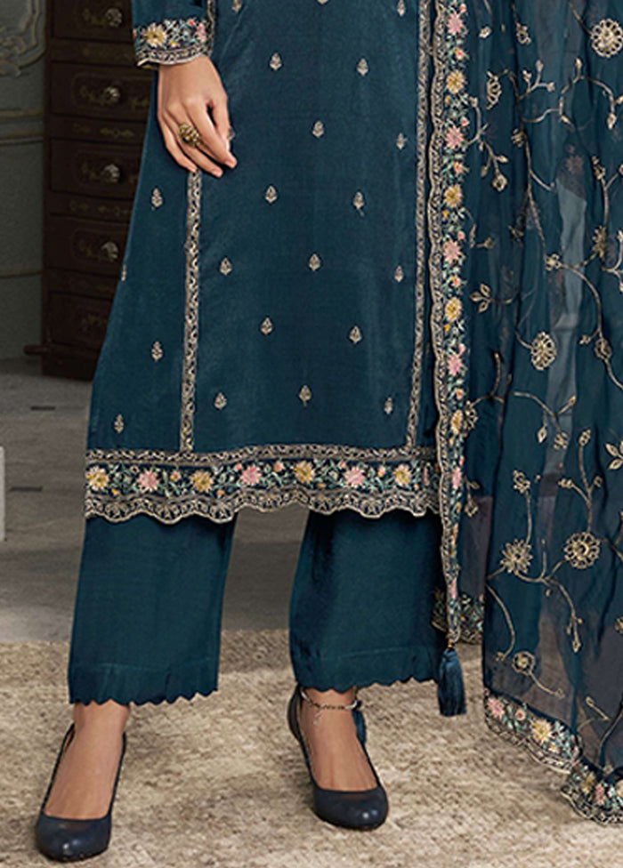 3 Pc Blue Silk Suit Set