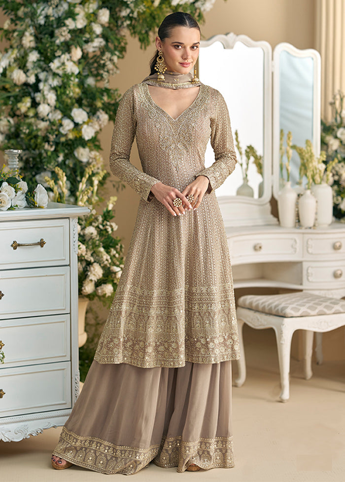 3 Pc Brown Georgette Palazzo Suit Set