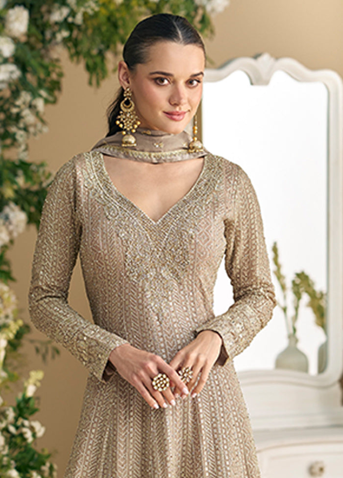3 Pc Brown Georgette Palazzo Suit Set