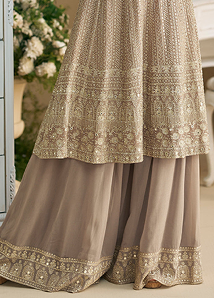 3 Pc Brown Georgette Palazzo Suit Set