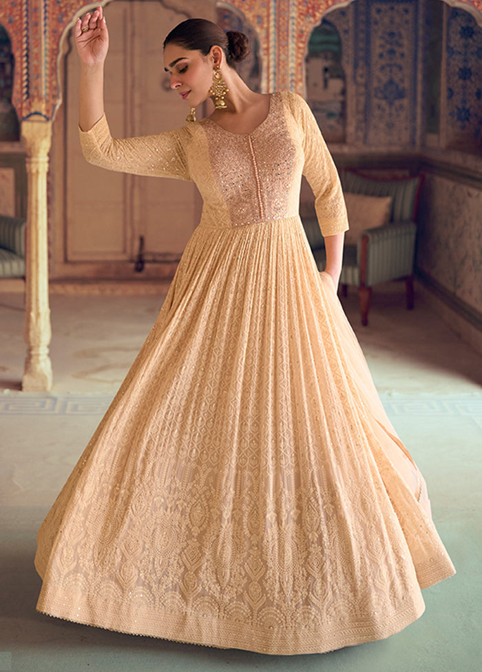 Peach Embroidery Work Georgette Anarkali Suits