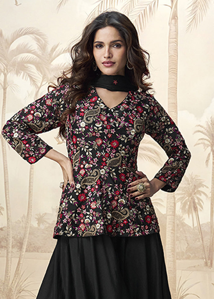 3 Pc Black Silk Palazzo Suit Set