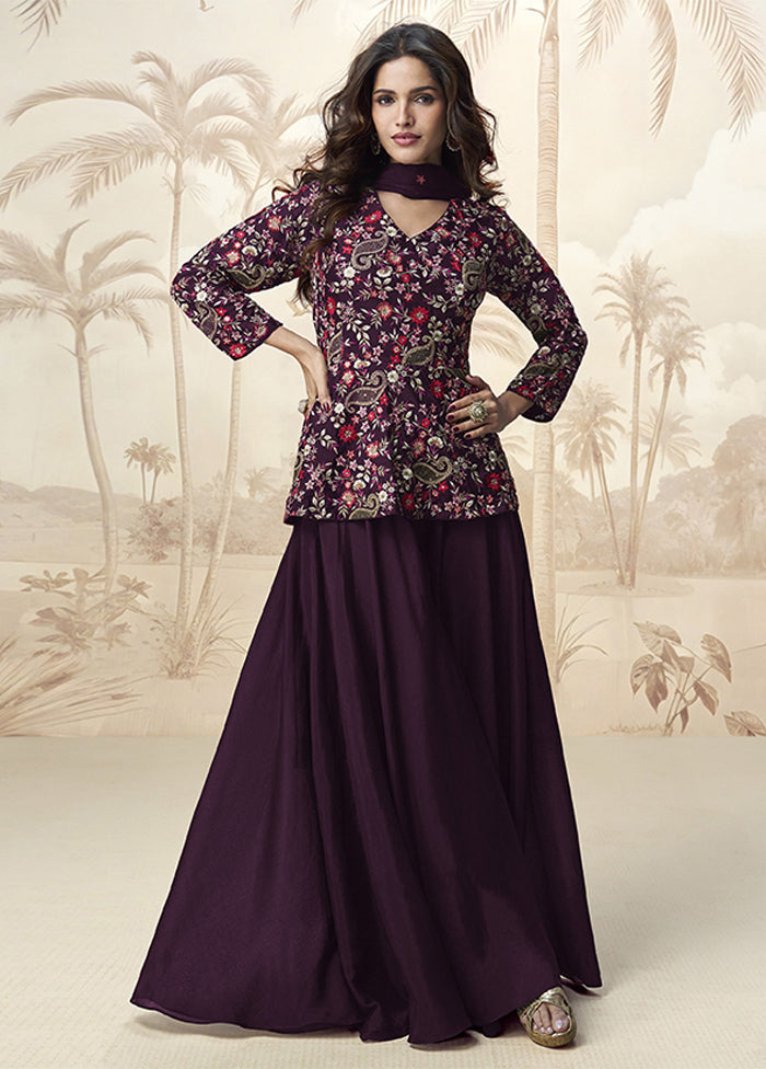 3 Pc Purple Silk Palazzo Suit Set