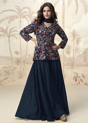 3 Pc Blue Silk Palazzo Suit Set