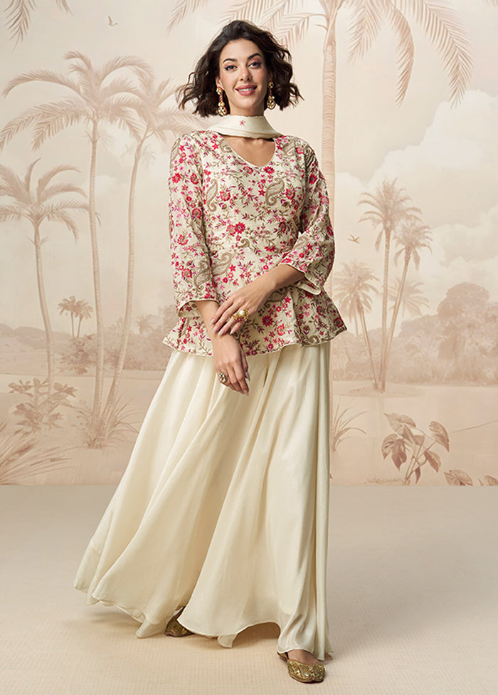 3 Pc White Silk Palazzo Suit Set