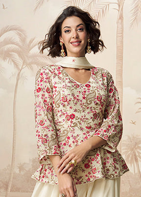 3 Pc White Silk Palazzo Suit Set