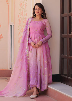 Pink Embroidery Work Organza Gown With Dupatta Set