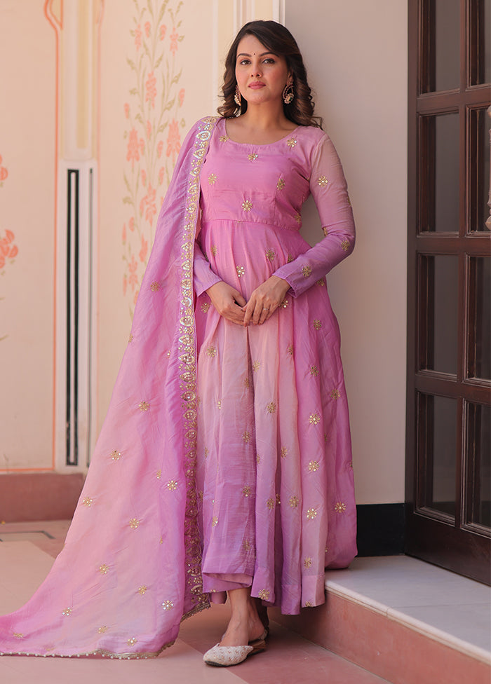 Pink Embroidery Work Organza Gown With Dupatta Set
