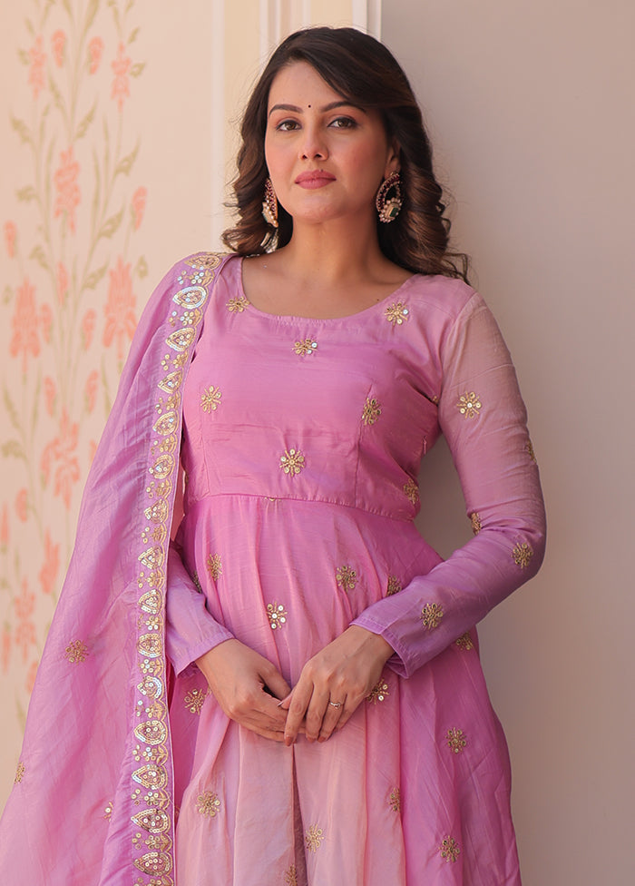 Pink Embroidery Work Organza Gown With Dupatta Set