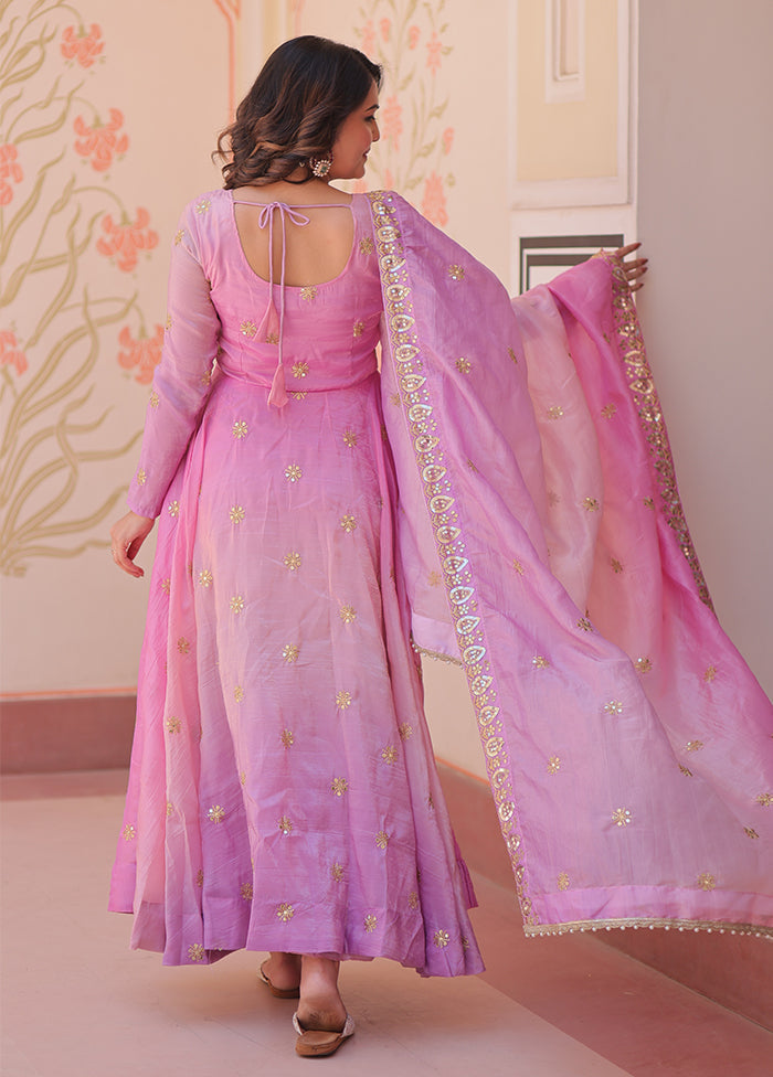 Pink Embroidery Work Organza Gown With Dupatta Set