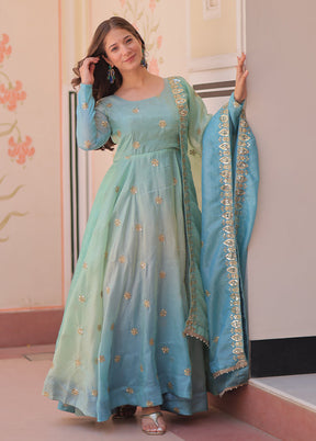 Blue Embroidery Work Organza Gown With Dupatta Set