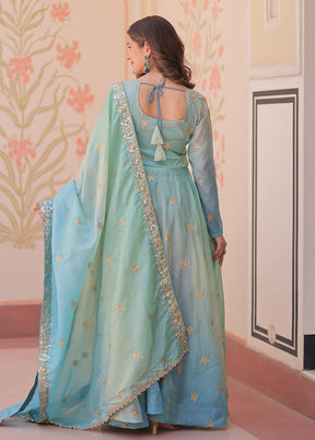 Blue Embroidery Work Organza Gown With Dupatta Set