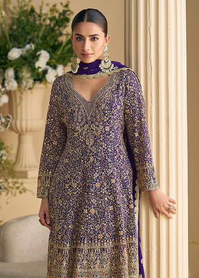 3 Pc Purple Georgette Palazzo Suit Set