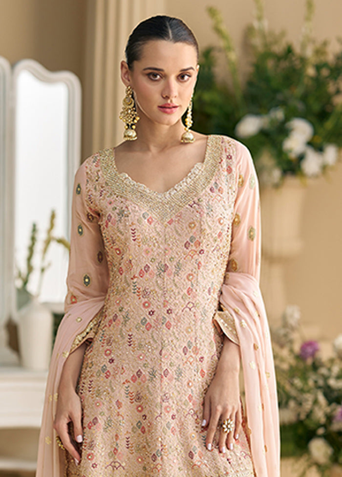 3 Pc Peach Georgette Palazzo Suit Set