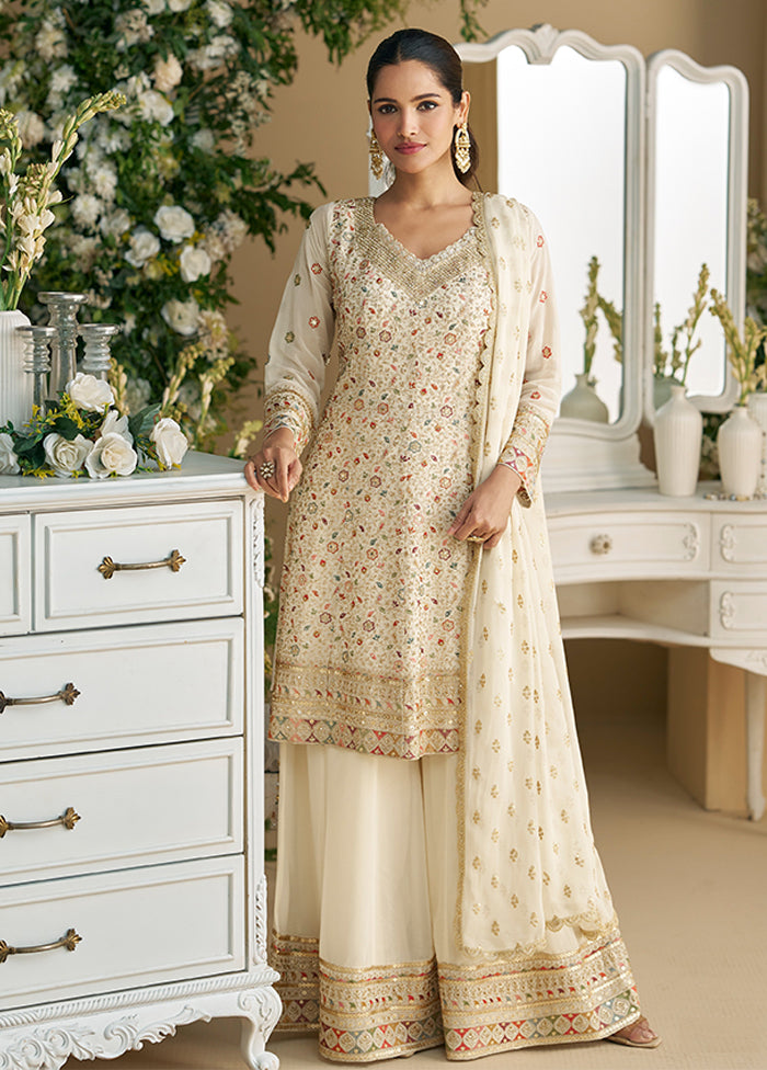3 Pc White Georgette Palazzo Suit Set