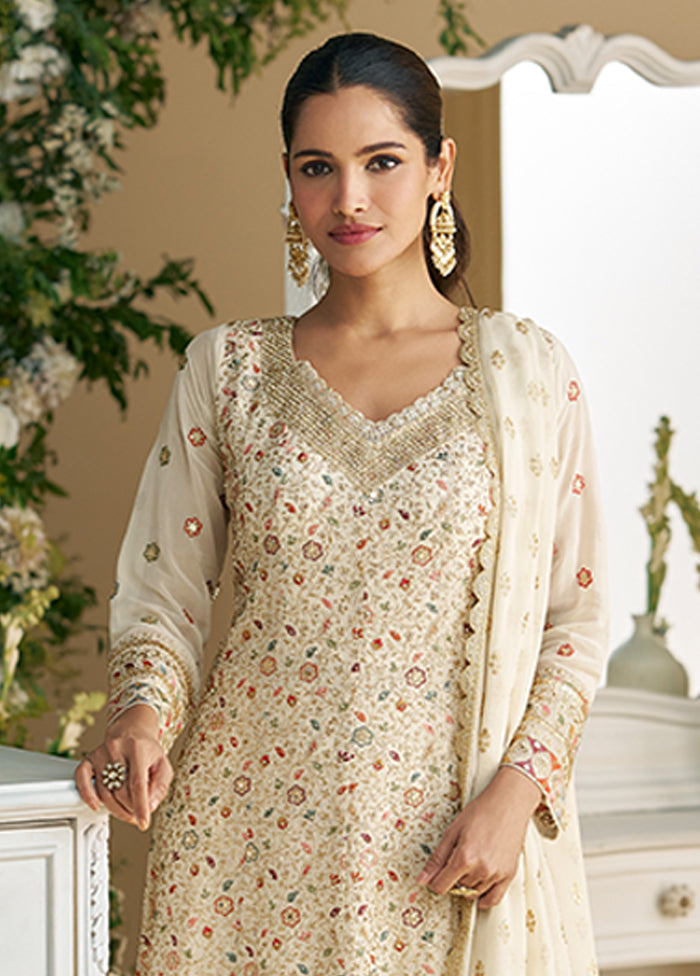 3 Pc White Georgette Palazzo Suit Set