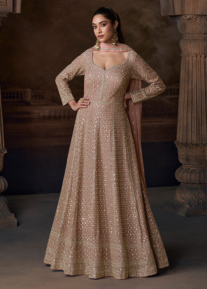 Peach Embroidery Work Silk Anarkali Suits