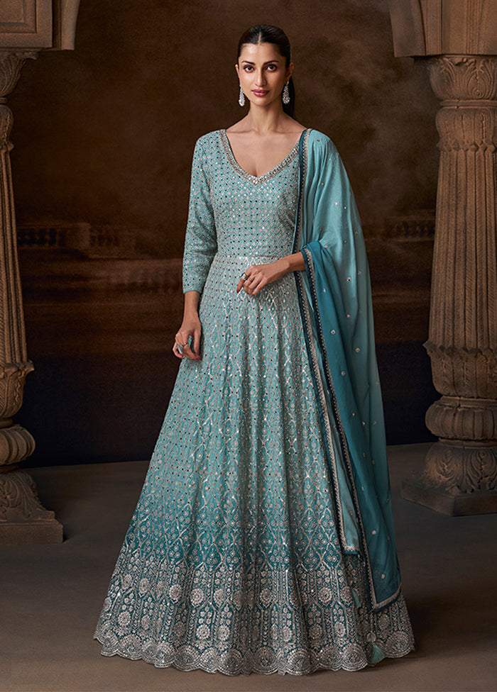 Blue Embroidery Work Silk Anarkali Suits