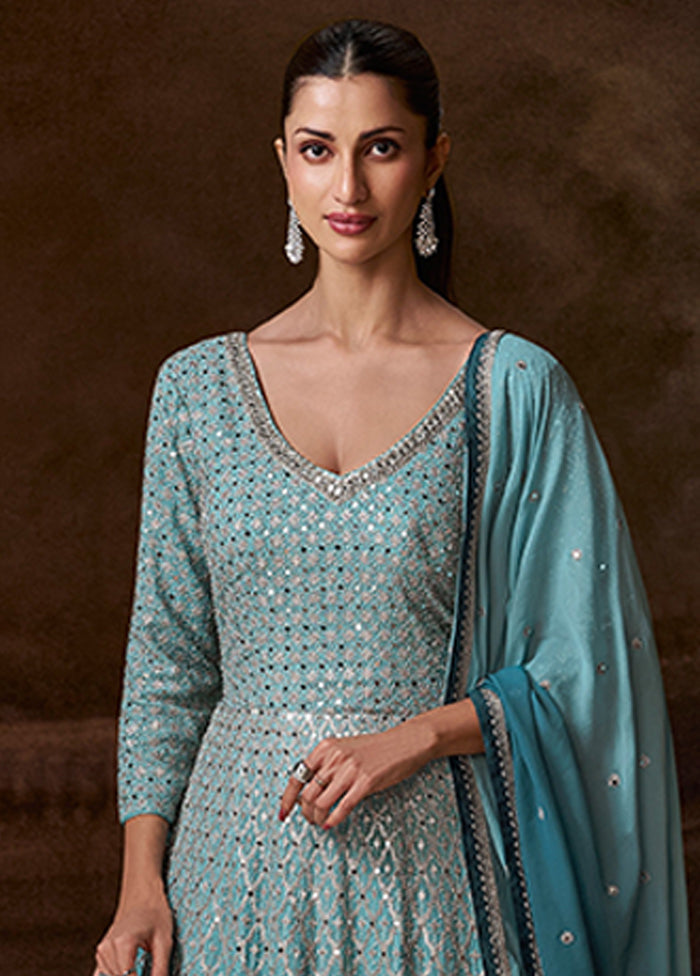 Blue Embroidery Work Silk Anarkali Suits