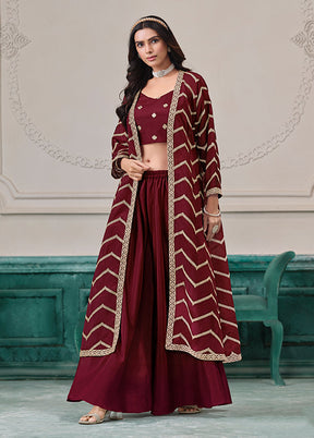 3 Pc Maroon Plazzo Shurg Suits Set
