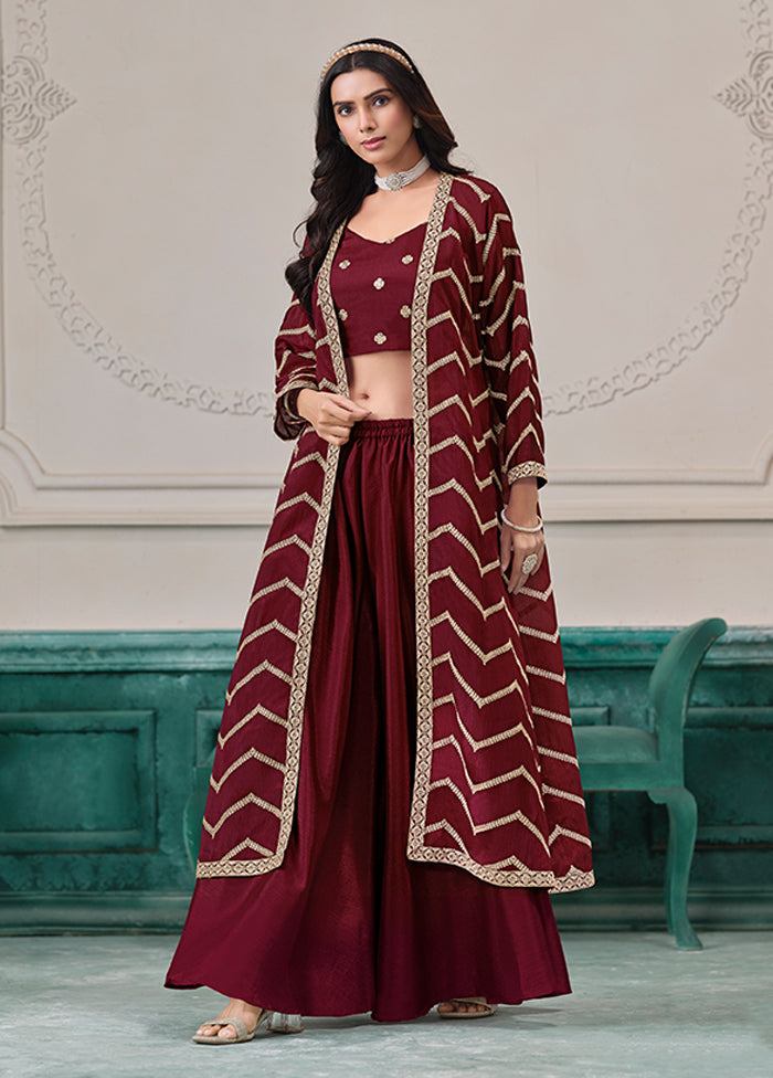 3 Pc Maroon Plazzo Shurg Suits Set